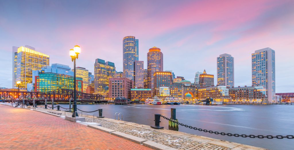 Boston Harbor and Financial District at twilight, Massachusetts